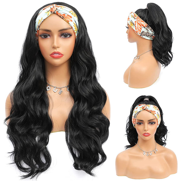 Yviann Headband Wig Synthetic Body Wave Headband Wigs for Black Women Long Wavy 180% Density Wigs,Natural Color (22 inch)