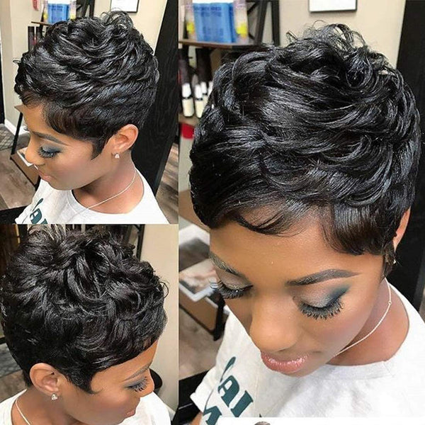 Yviann Pixie Human Hair Wigs Short Layered Wavy hairstyle Black Cute Wigs Short Hair Wigs for Black Women