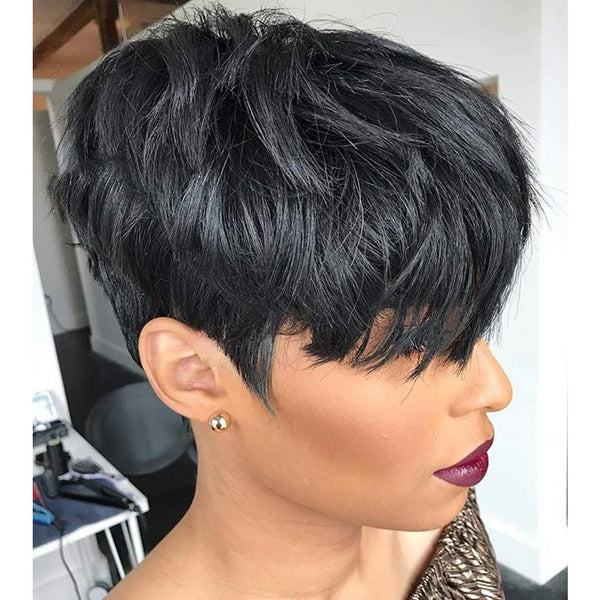 Yviann Human Hair Short Wigs Pixie Cut Wigs with Bangs Short Black Layered Wavy Wigs for Women 1B Color