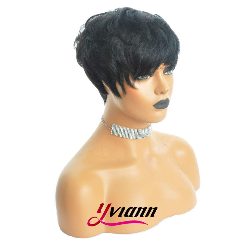 Yviann Human Hair Short Wigs Pixie Cut Wigs with Bangs Short Black Layered Wavy Wigs for Women 1B Color