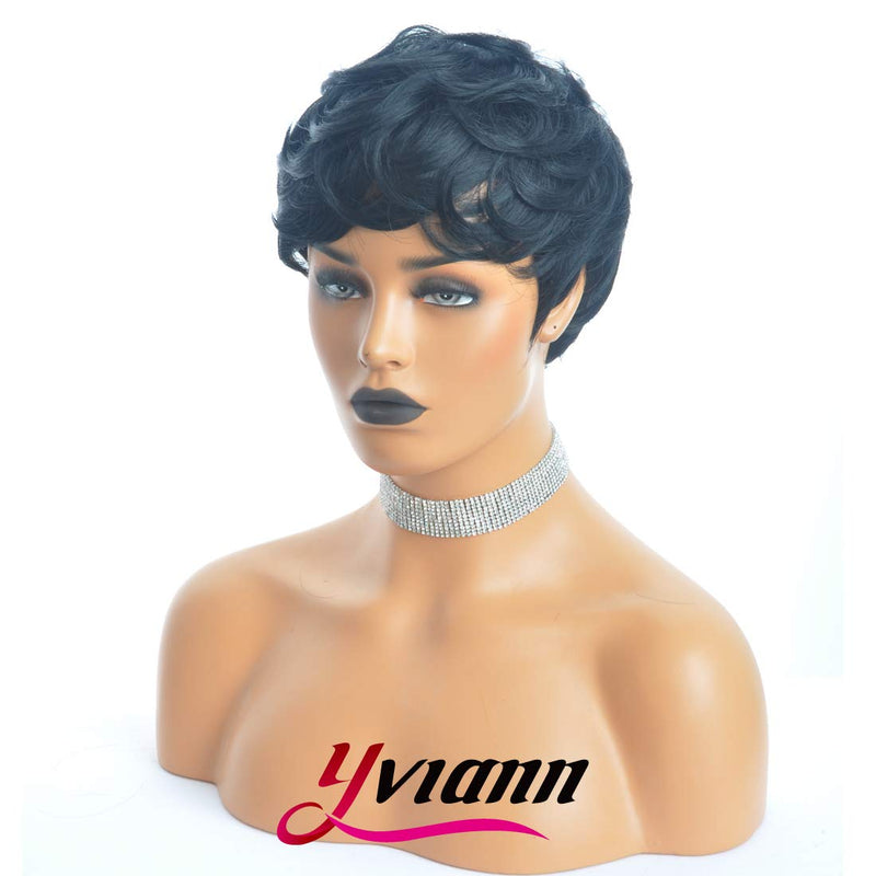 Yviann Short Wavy Synthetic Hair Wigs Pixie Cut Wigs for Black Women Short Black Cute Curly Pixie Wigs 1B Color