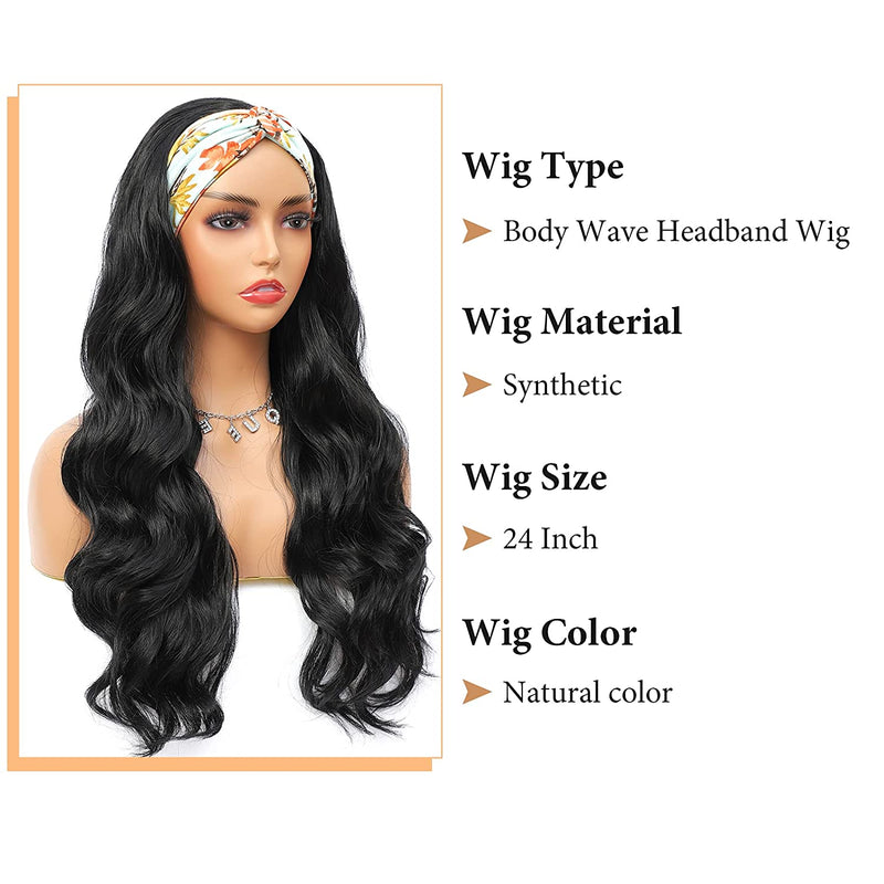 Yviann Headband Wig Synthetic Body Wave Headband Wigs for Black Women Long Wavy 180% Density Wigs,Natural Color (22 inch)