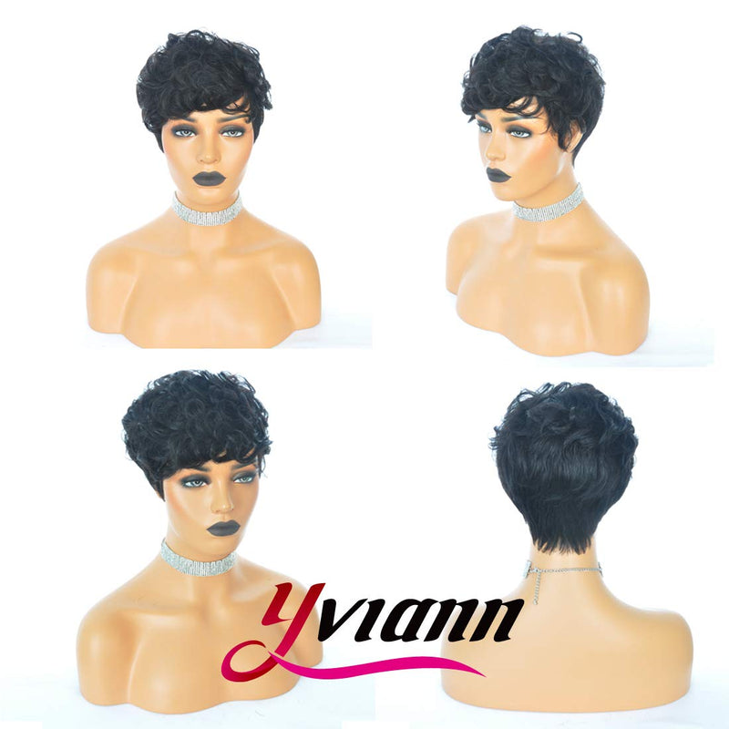 Yviann Pixie Human Hair Wigs Short Layered Wavy hairstyle Black Cute Wigs Short Hair Wigs for Black Women