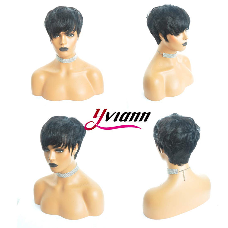 Yviann Human Hair Short Wigs Pixie Cut Wigs with Bangs Short Black Layered Wavy Wigs for Women 1B Color