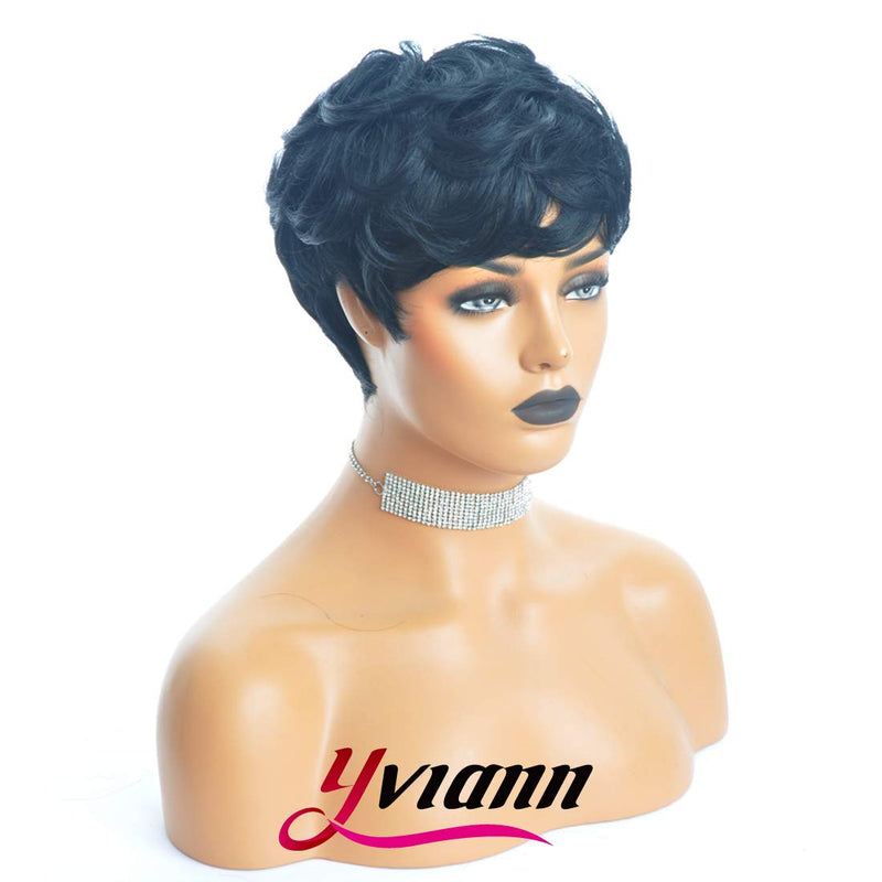 Yviann Short Wavy Synthetic Hair Wigs Pixie Cut Wigs for Black Women Short Black Cute Curly Pixie Wigs 1B Color