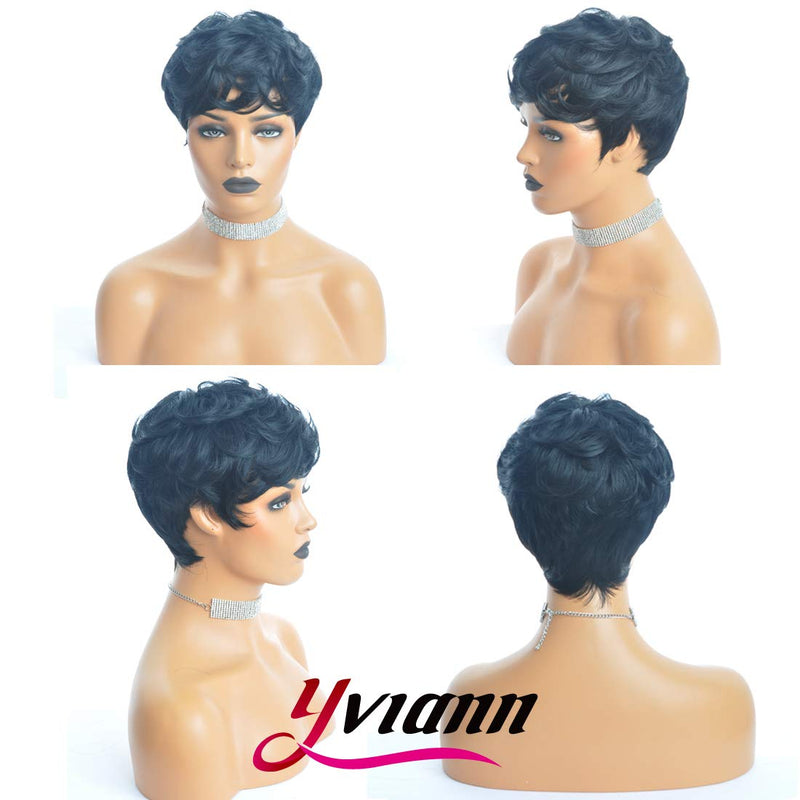 Yviann Short Wavy Synthetic Hair Wigs Pixie Cut Wigs for Black Women Short Black Cute Curly Pixie Wigs 1B Color