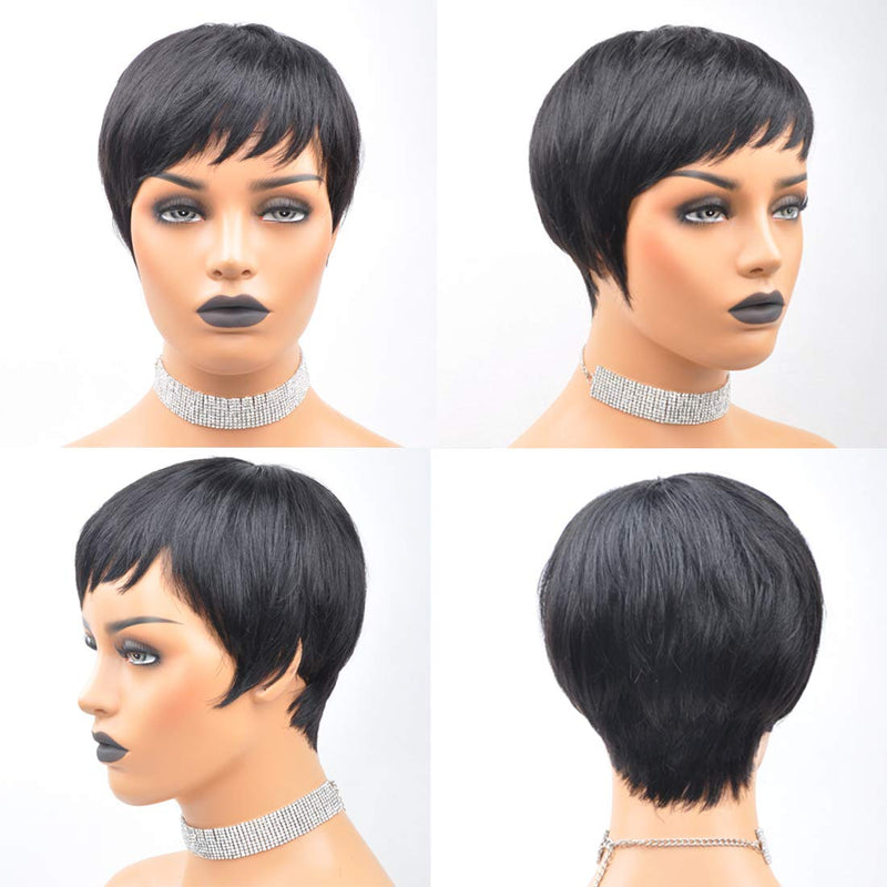 Yviann Pixie Cut Wigs Short Human Hair Wigs for Black Women Short Straight Black Ladies Wigs 1B Color